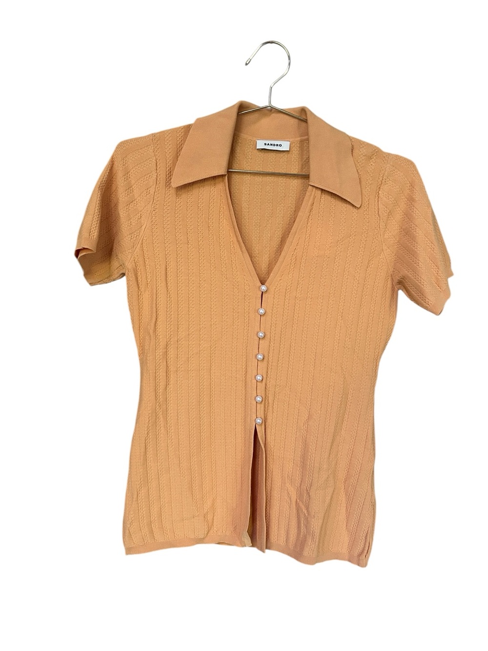 Sandro Paris Porto Clementine Ribbed Knit Pearl Button Polo Top Size 2 (US 6)